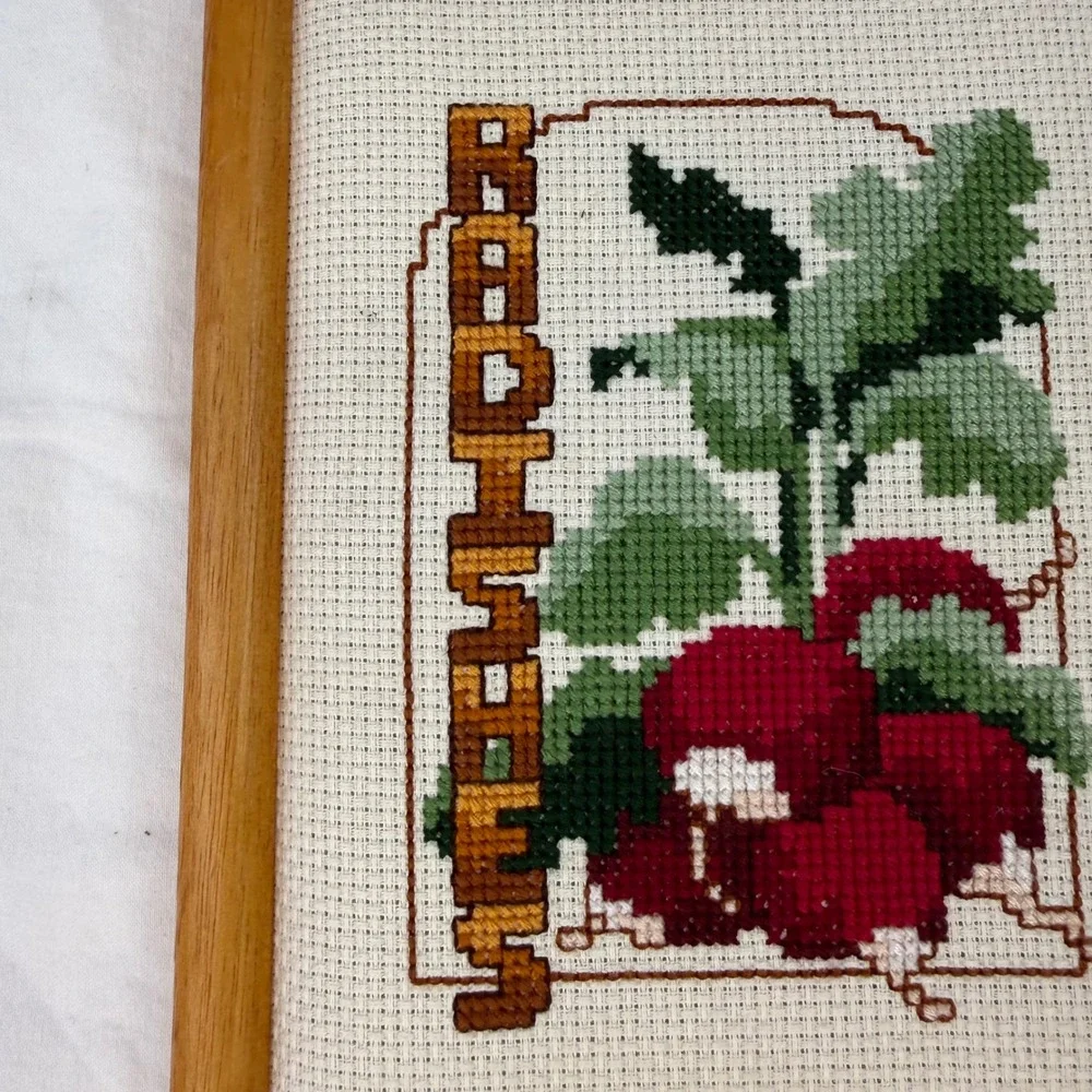 Vintage Radishes Cross Stitch Framed Wall Art Kitchen Decor Farmhouse 6x8